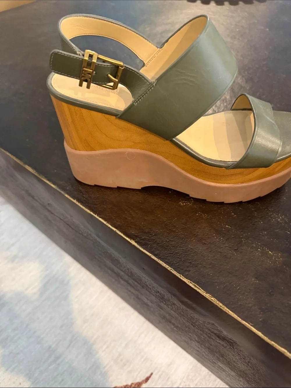 MICHAEL Michael Kors Olive Green Leather Platform Wedge Sandals
